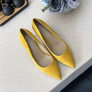 黄色羊绒皮尖头高跟鞋细跟浅口6.5cm舒适单鞋2022年真皮女鞋