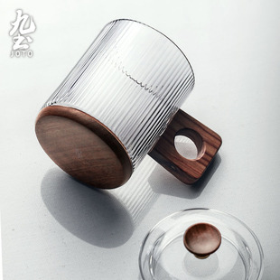 日式透明玻璃杯带把带盖水杯，女家用木底耐热花，茶杯泡茶杯喝茶杯子
