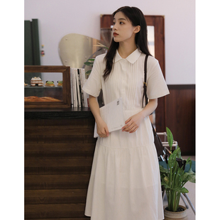 安小落 法式风琴褶连衣裙女短袖夏季小个子白色系带衬衫裙子质感