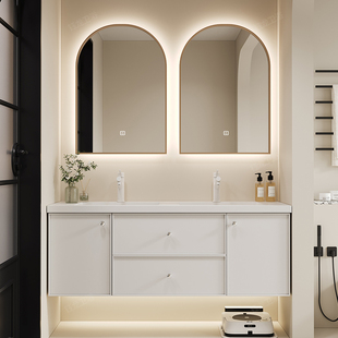 法式奶油风浴室柜组合陶瓷，一体盆智能，实木卫浴柜卫生间洗手洗脸盆