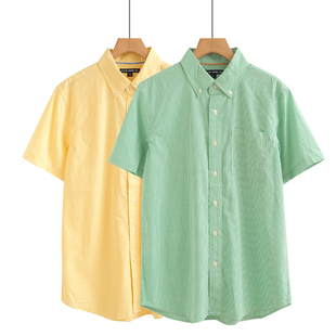 夏季清新休闲衬衫格子纯棉，白绿蓝黄色宽松男士，半短袖衬衣百搭