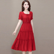 小个子红色雪纺连衣裙子女装2024夏季高端精致气质名媛高级感