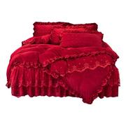 高端婚庆宝宝绒四件套，床裙加绒加厚夹棉床罩结婚红色，陪嫁床品冬季
