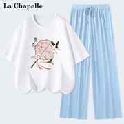 拉夏贝尔白色印花短袖t恤女2024夏季时尚两件套长裤套装