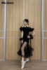 Miu摩登舞服女士飘带网纱练习服蓬蓬无袖练习服演出服艺考服黑色