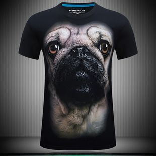 夏装立体3D短袖T恤男霸气个性圆领大码体恤男带有沙皮狗动物图案