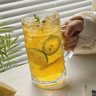 带把大容量水果茶玻璃杯ins风，家用果汁饮料喝水个性创意啤酒杯子
