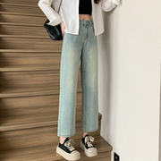 中国风牛仔裤女小个子春装新中式，高腰复古150显高八分直筒阔腿裤