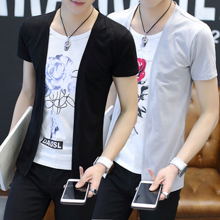 短袖t恤男潮流假两件上衣，非主流体恤夏季韩版修身学生发型师半袖