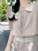 千金风粉色短袖连衣裙女夏季娃娃领衬衫上衣半身长裙显瘦两件套装