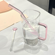 方形带吸管杯玻璃杯ins风带把马克杯，柠檬水杯奶茶杯高硼硅杯子