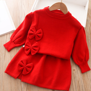 女童毛衣套装秋款儿童洋气针织，套裙女宝宝红色毛线衣(毛线衣)短裙两件套潮
