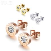 韩版个性罗马数字圆形单钻锆石钛钢耳钉玫瑰金情侣耳环