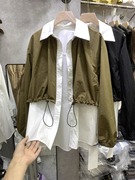 春秋季抽褶假两件衬衫外套女大码显瘦韩版气质独特工装长袖衬衣潮