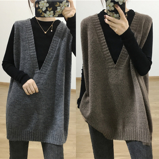 韩国东大门慵懒风春季v领针织，羊绒马甲中长款背心女外穿200斤坎肩
