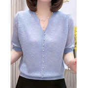 夏季针织短袖t恤女装V领钉珠设计感镂空薄款时尚百搭显瘦上衣