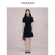 vgrass高端精致黑色，连衣裙女春季蕾丝拼接小黑裙
