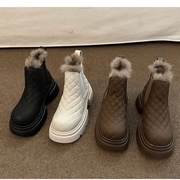 厚底增高雪地靴女冬季加绒保暖棉鞋百搭白色粗跟休闲短靴牛皮