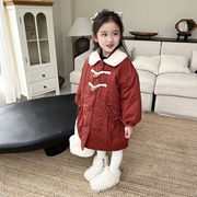 2023冬季女童加绒加厚棉衣中长款韩版宝宝棉袄棉服大红色保暖