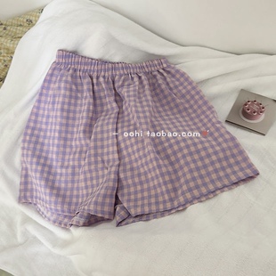 紫薯色」让人心动的颜色!薄款透气洗后软糯格子涤棉短款居家裤女