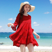 沙滩裙超仙短款小个子，红色雪纺波西米亚，民族风连衣裙