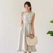 时尚起义韩国甜美优雅荷叶边条纹，腰带连衣裙sj23071205