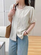 原单外贸法式刺绣圆领短袖衬衫单排扣设计感纯棉中式国风小衫