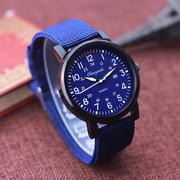 时尚男士户外运动帆布手表中学生，石英防水日历大表盘，蓝色腕表