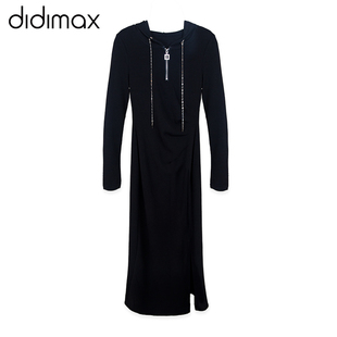 didimax春季连衣裙连帽气质修身显瘦长袖开叉连身裙C71665