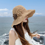 草帽女夏季沙滩帽子花朵，可折叠防晒大檐海边时尚度假太阳帽遮阳帽
