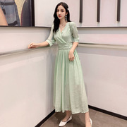 泰2100-1890#夏韩版女装，气质收腰显瘦中长款牛油果绿色连衣裙