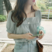 夏季女装韩版批发清新洋气宽松套头衬衣学生短袖方领格子衬衫