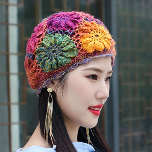 女士韩版时尚秋冬天帽子透气保暖羊毛帽手工钩花针织帽羊绒毛线帽