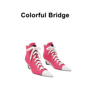 colorfulbridge丨粉色高帮，系带帆布鞋尖头坡跟拼接时装短靴