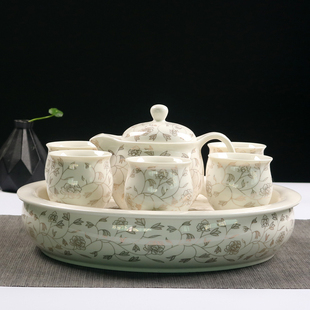 青花瓷双层茶具套装家用简易圆形储水陶瓷茶盘，茶台大号防烫茶杯