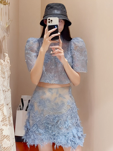 越南设计师蕾丝薄纱钩，花网纱泡泡袖，短袖圆领上衣半裙两件套装