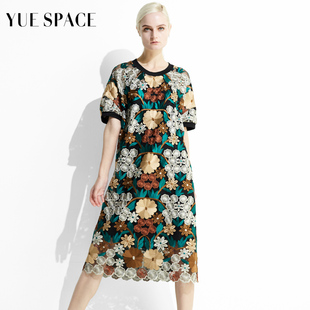 yuespace重工蕾丝绣花连衣裙，夏装裙子宽松显瘦短袖，圆领复古a字裙