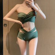 韩国比基尼性感修身高腰遮肚钢托聚拢交叉式分体泳衣女bikini