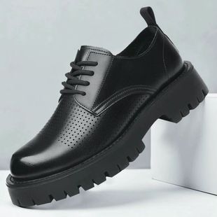 男士皮鞋夏季透气镂空凉鞋，真皮休闲英伦，商务正装增高厚底大头工装