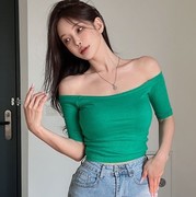 韩国hypnotic弹力螺纹紧身T恤女短袖一字露肩性感上衣绿色t恤