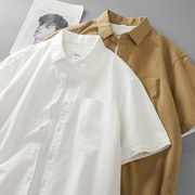 原色盒美式重磅短袖衬衫男夏季宽松高级感纯棉纯白色衬衣长袖