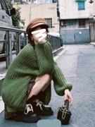 秋冬绿色粗棒针毛衣外套，女中长款宽松慵懒小个子外穿软糯针织开衫
