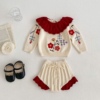 韩版婴儿衣服秋冬套装，女宝宝绣花毛衣针织，上衣短裤洋气分体两件套
