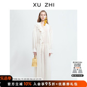 xuzhi设计师品牌白色，甜美淑女长袖，抽褶雪纺丝带衬衫连衣裙