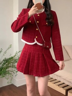 victory2时尚小香风套装，冬季新年红呢子外套+半身裙两件套女
