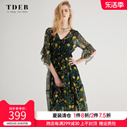 tdeb真丝连衣裙女两件套夏季套头，飞飞袖欧美高腰v领桑蚕丝中长裙