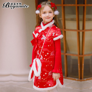 女童新年公主裙冬季2022儿童洋气红色背心裙小女孩加厚拜年服