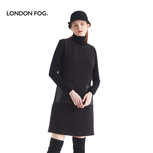 伦敦雾女装秋冬无袖，连衣裙时尚休闲圆领修身黑色，弹力保暖百搭长裙