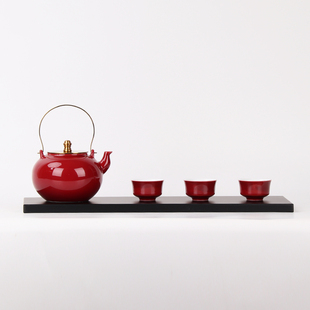新中式样板房客厅茶几茶具茶室，摆台红色陶瓷茶壶，茶杯套装组合摆件