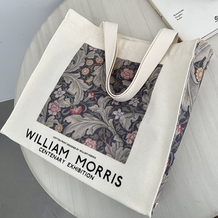 威廉莫里斯帆布包女大容量，立体复古印花单肩包托特包学生(包学生)购物袋